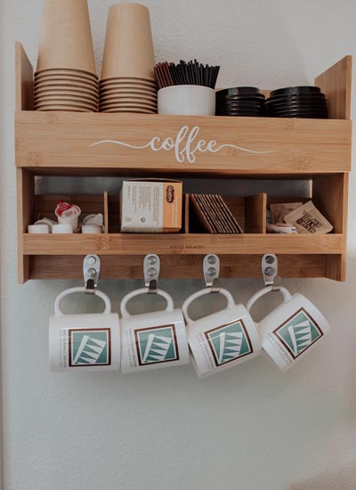 coffee bar in the waiting room at Kanellis Family Dentistry in Sparks, NV